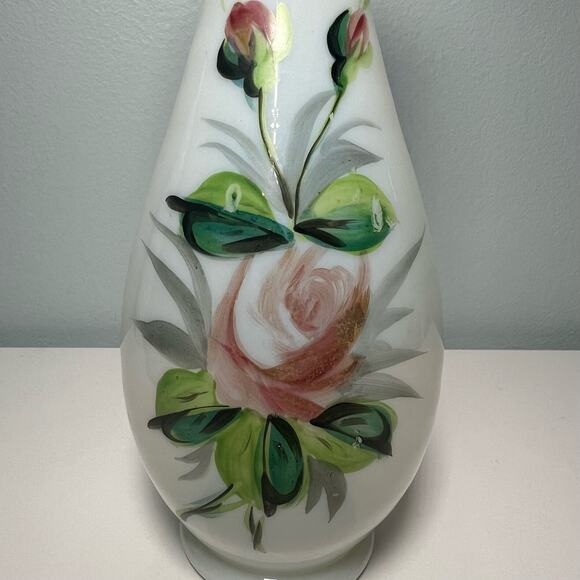 Vintage 40s White Opaline Glass Hand Painted Vase Blown Art Glass Floral - Picture 4 of 12